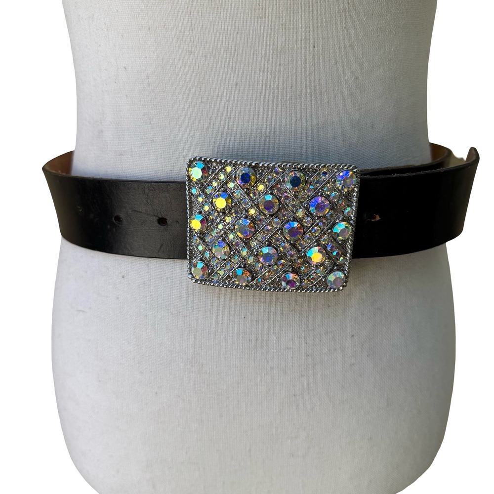 Morgan Vintage‎ Y2K Glam Black Leather Belt Aurora Borealis Rhinestone Buckle S